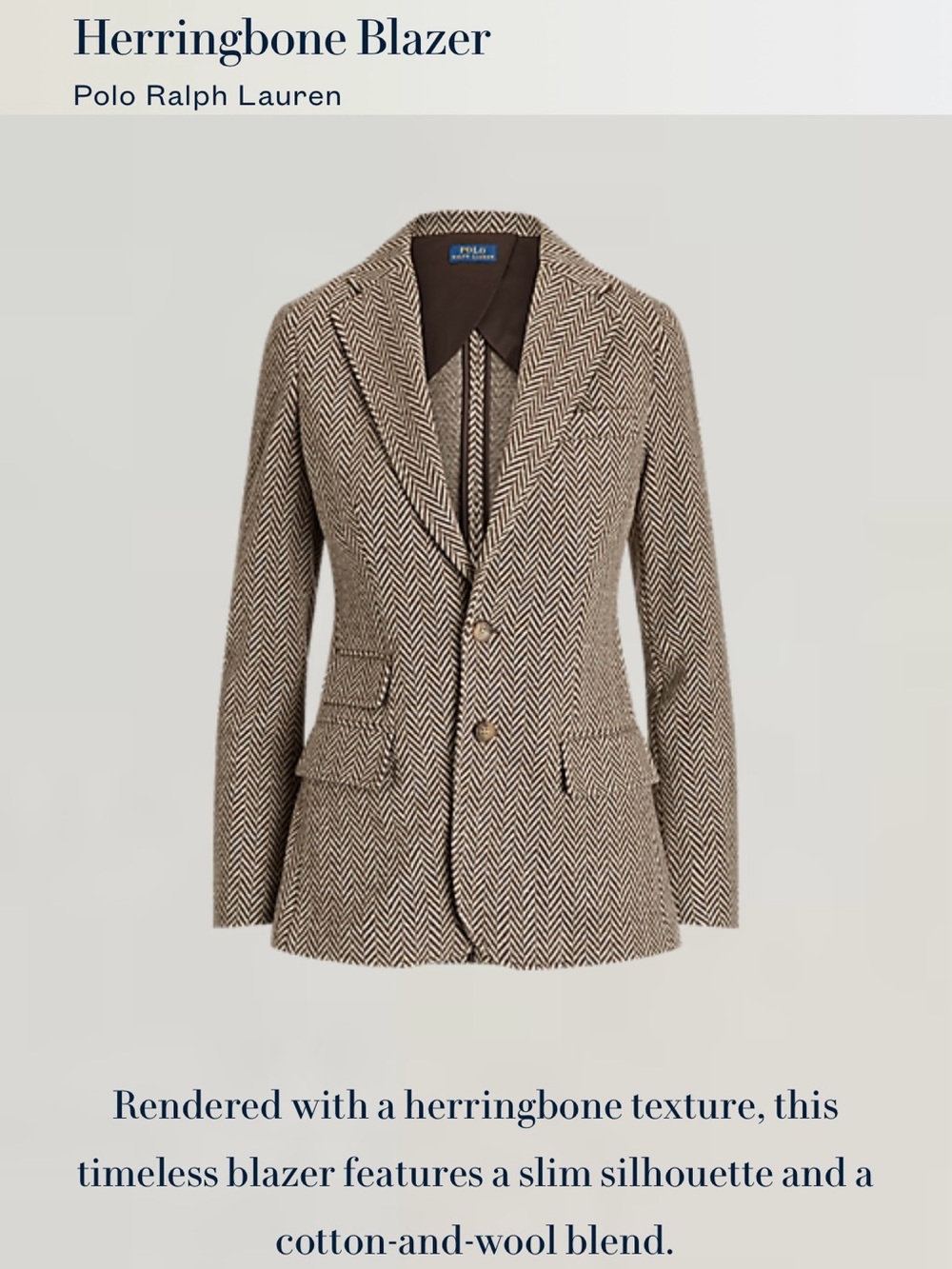 Polo by Ralph Lauren Brown and Cream Herringbone Blazer Label Detail